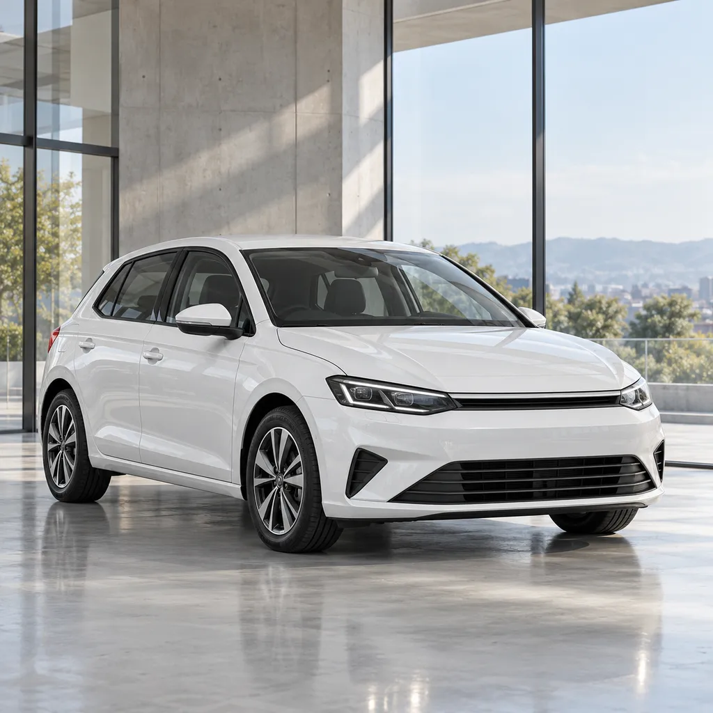 Hatch compacto branco em showroom com luz natural