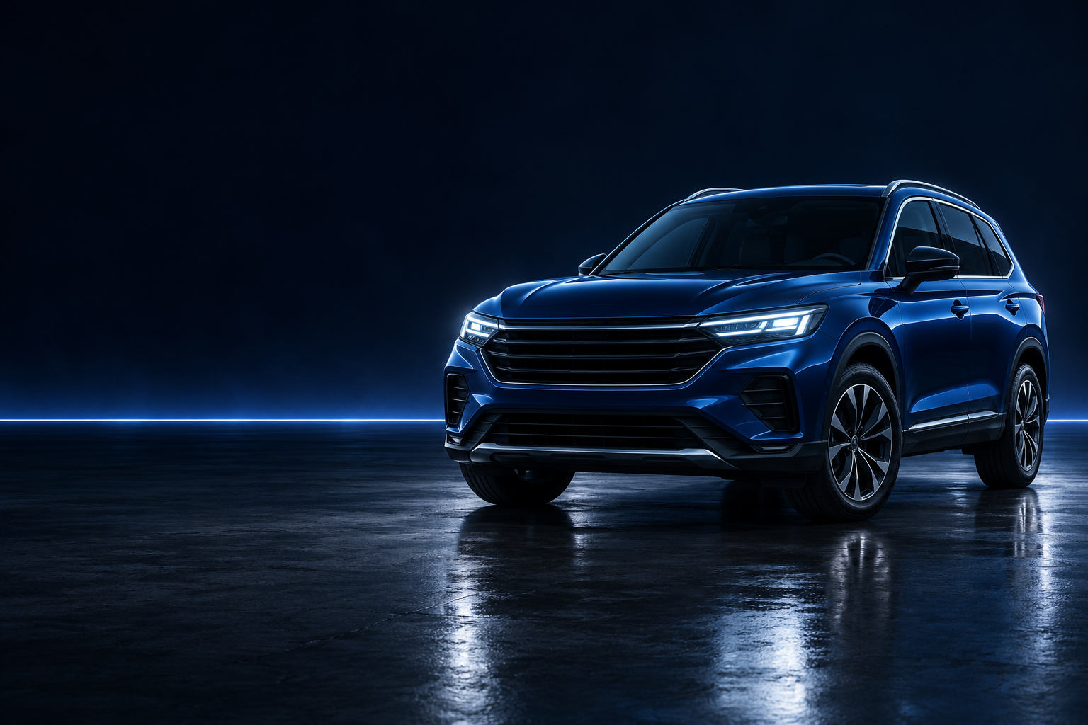 SUV azul metálico em estúdio escuro, iluminado por luz lateral recortada