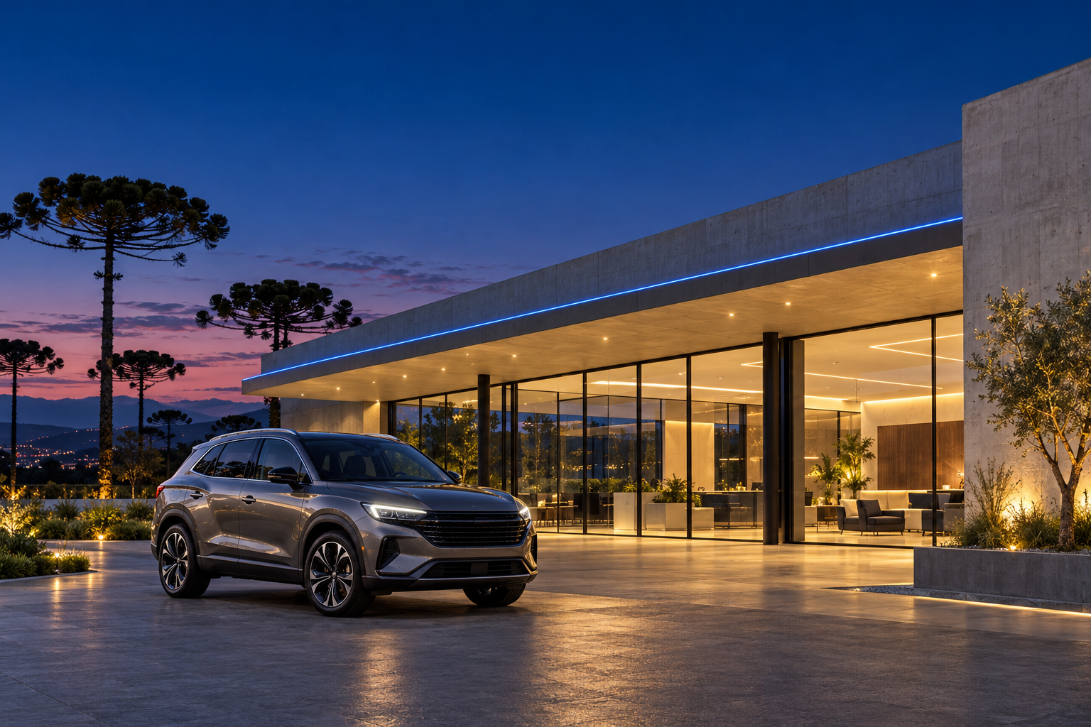 Fachada de vidro de um showroom contemporâneo ao entardecer, com araucárias ao fundo e um SUV estacionado em frente