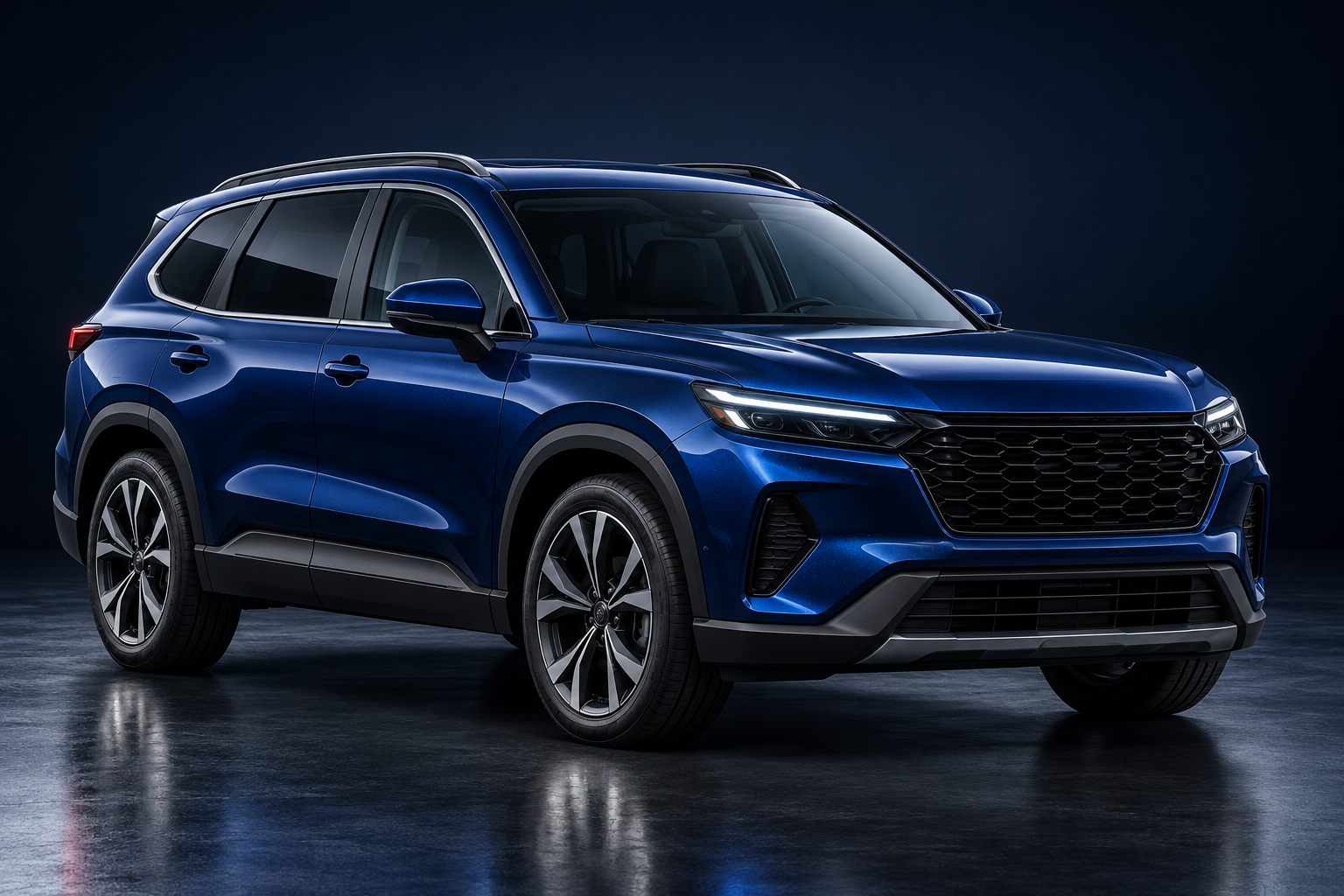 SUV médio na cor azul metálico, em estúdio escuro